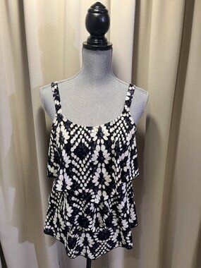 Susan Graver Floral Tankini Black & White Floral Top Size 10 NWT
